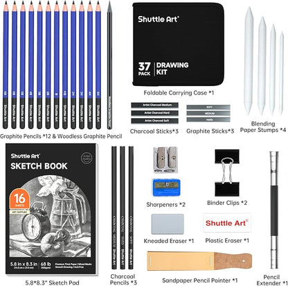 Shuttle Art Sketching and Drawing Pencils Set, 37-Piece Professional Sketch Pencils Set in Zipper Carry Case, Drawing Kit Art Supplies with Graphite Charcoal Sticks Tool Sketch book for Adults Kids