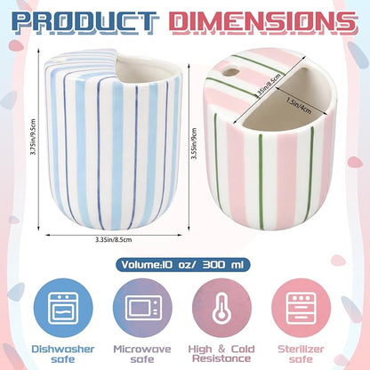 2 Pack Ceramic Mug with Sip Hole 10 oz Stripes Pattern Espresso Cup Coffee Mug Hand Painted Ceramic Cup Pink and Blue Heat Resistant Non Slip with Built in One Lid Handcraft Gift