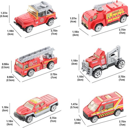 BenRich 6Pcs Mini Die Cast Car 1/64 Scale Alloy Fire Truck Vehicle Metal Model Toy Set, Ladder, Water Tower Truck, Ambulance, Transport, Patrol Car, Model Toys for Kid Boys Girls Birthday Xmas Present