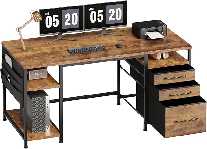 Maihail Small Desk with Drawers, Office Desk with Storage Shelves, Brown2 | 59 Inch Desktop, Metal Frame, 3 Fabric Drawers, Storage Shelves, Computer & Writing Desk, Office Gaming Workstation