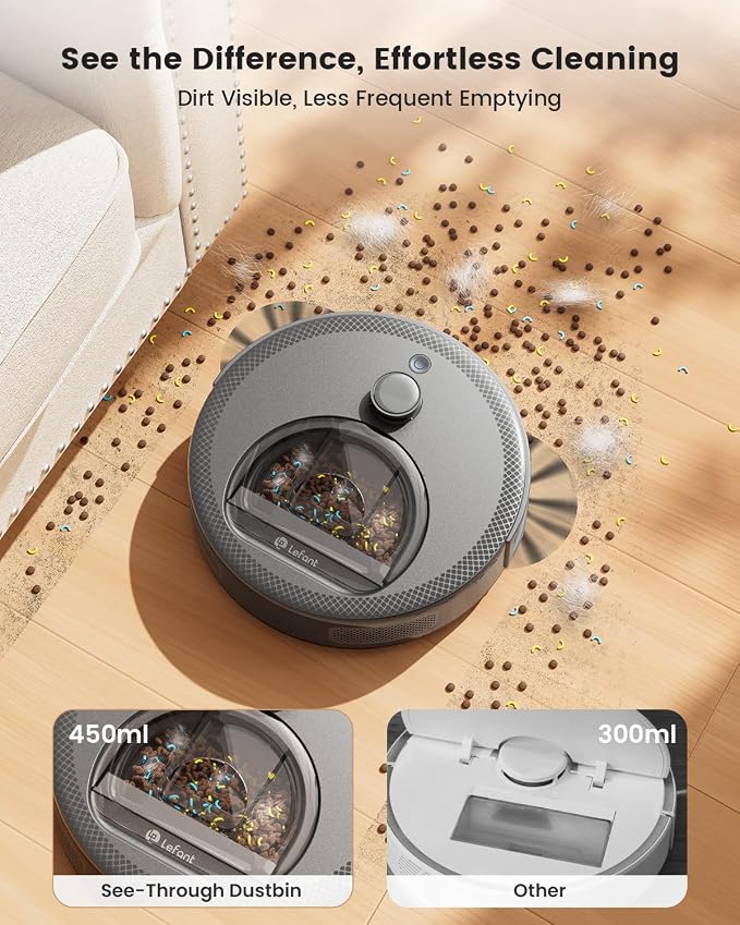 Lefant Robot Vacuum and Mop, Upgraded LiDAR Navigation, 450ml Visible Dustbin, Strong Suction, Multi-Floor Mapping, Self-Charge, WiFi/Alexa/APP, Multi-Surface Cleaning, M330 Pro Grey