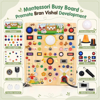 Busy Board with LED Light Switches, Montessori Toys for 1 2 3 Years Old, Toddlers Wooden Toy Sensory Activity Board, Travel Toys for 1+ Year Old Boy & Girl Birthday Gift (Farm 19 Switches)