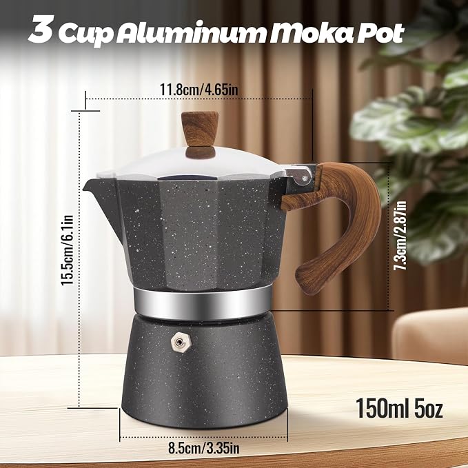 3 Cup Aluminum Moka Pot Classic Stovetop Espresso Coffee Maker 150ml 5oz Coffeemaker Percolator Mocha Pot Greca Coffee Maker Cafe Makers for Italian and Cuban Café Brewing Gray