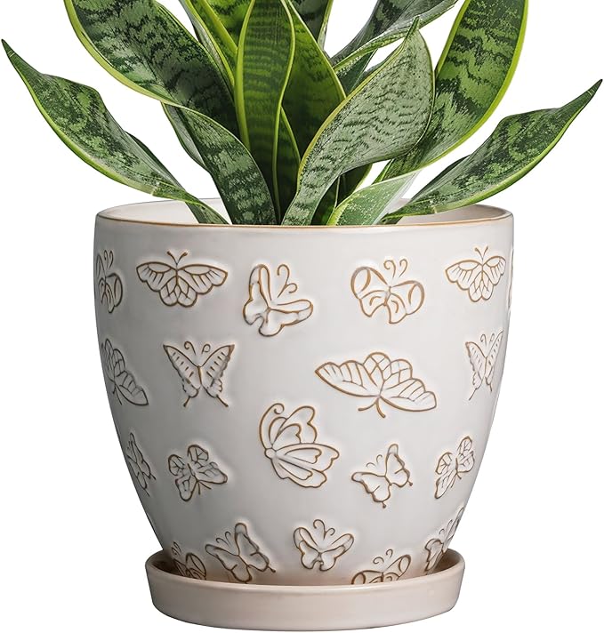 Ceramic Planter Pot - 6.8 Inch Plant Pot with Drainage Hole and Saucer, Succulent Round Flower Pot for Plants Indoor Outdoor, White
