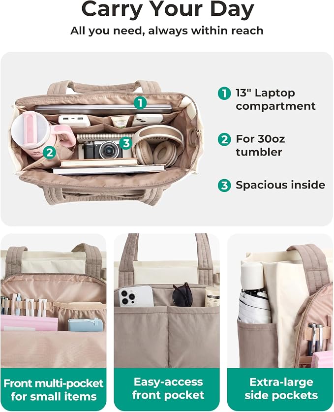 BAGSMART Small Tote Bag for Women, 13'' Laptop Canvas Work Bag with Zipper | 30oz/40oz Tumble & 11 Pockets Travel Tote, Teachers/Nurses, Lightweight Canvas or Water-Resistant Puffer Taslon Crossbody Bag