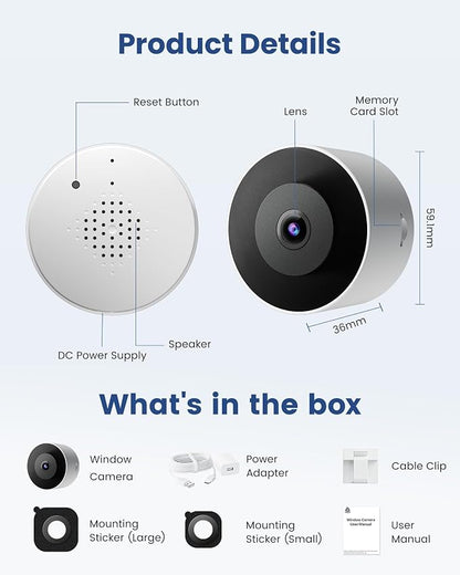 2K Window Camera, WiFi 6 Indoor Camera for Home Security, Full-Color Night Vision, Motion Detection, Anti-Glare Through Glass, No Drill, 24/7 Recording, Renter-Friendly