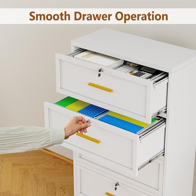 Metal Lateral File Cabinet with Lock,3 Drawer Steel Wide Filing Organization Storage Cabinets for Legal/Letter/A4/F4 Size with Hanging Files&Key,Lockable Printer Stand for Home Office, White