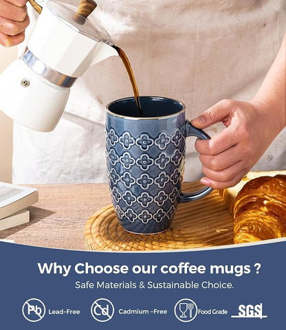 AmorArc Large Coffee Mugs Set of 4, 20oz Tall Coffee Mugs Set | with Texture Patterns for Cappuccino, Latte,Hot Cocoa, Dishwasher & Microwave Safe-Moonlight Blue