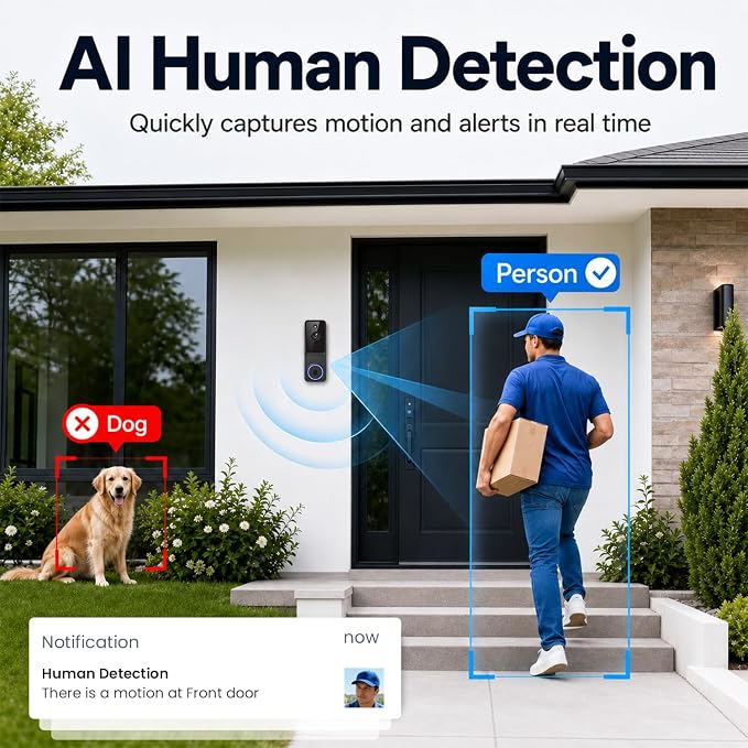 Doorbell Camera Wireless, 1080P Video Doorbell Camera Battery Powered, Security Camera with AI Human Detection, 2-Way Audio, Night Vision, Cloud Storage, 2.4G WiFi, Front Door Camera for Home Security