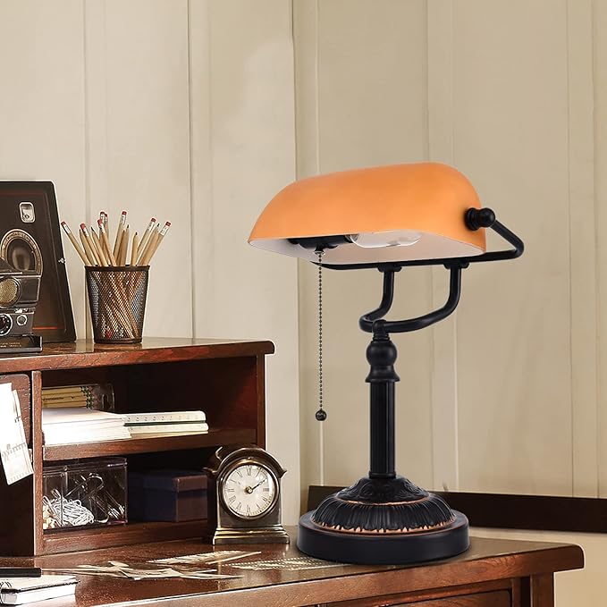 Rustic Desk Lamp Pull Chain, Traditional Bankers Desk Lamp with USB Port, Vintage Farmhouse Table Lamp for home office library