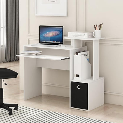 Furinno ECON Desk, 40" Wide Gaming Desk with Keyboard Tray, Computer Desk, Office Desk with Side Shelves and Storage Bin for Home Office, Plain White