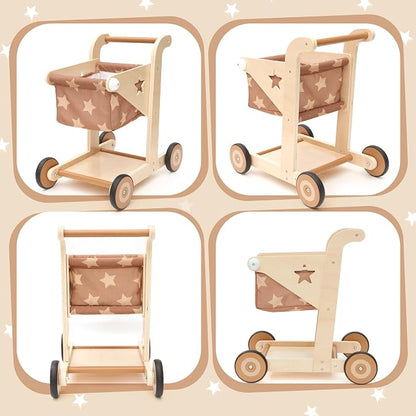 Asweets 2 in 1 Wooden Baby Walker Push and Pull Doll Stroller, Shopping Cart Learning Walker for Boys and Girls, Sit Stand Learning Toddler Toy (Brown)