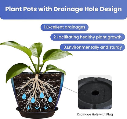 Pack of 2 Flower Pots, Plastic Plant Pots with Drainage Holes, 8 inch Modern Glossy Finishing Planter for Indoor Outdoor Plants (Blue Glaze, 2 Pack)