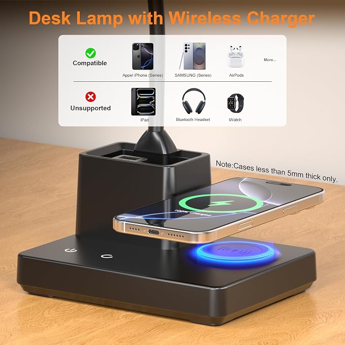 Wireless Charging Desk Lamp USB Charging & Pen Holder, Matte Black | CRI 95, 800LM, Stepless Dimming, 3 Modes, 360°Flexible Arm, Touch, Study Table Lamp for Home Office, Dorm Room, with Adapter