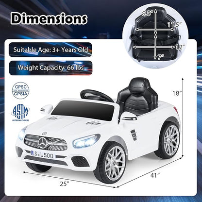 Costzon Ride On Car, 12V Licensed Mercedes Benz Electric Vehicles with Parent Remote Control, LED Headlights, Music & Wireless Connection, Kids Car for Boys Girls Aged 3-8 (SL500,White)