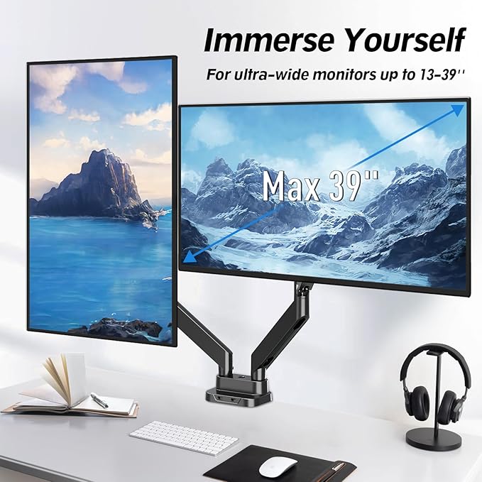 MOUNTUP Dual Monitor Mount Fits Max 39'' Screen, Ultrawide Dual Monitor Desk Mount Hold 4.4-33 lbs, Adjustable Gas Spring Double Monitor Arms, Computer Monitors Stand with USB, VESA Monitors Bracket