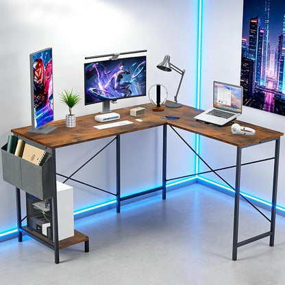 L Shaped Desk Computer Desk, 50inch Brown Gaming Desk with CPU Stand | Reversible Corner Desk, Storage Bag, Sturdy Metal Frame, Student Study Writing Table for Home Office
