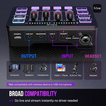 FIFINE Gaming Audio Mixer, Streaming RGB PC Mixer with XLR Microphone Interface, Individual Control, Volume Fader, Mute Button, 48V Phantom Power, for Podcast/Recording/Vocal/Game Voice-AmpliGame SC3 | USB PnP For PC,Mute Button,XLR Preamp,RGB,Voice ch...