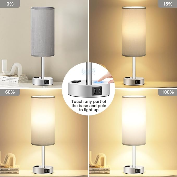 Fenmzee Grey Nightstand Table Lamp for Bedroom - 3 Way Dimmable Bedside Lamp USB C A Charging Ports and AC Outlet, Small Table Lamp Silver Base for Living Room, Office Desk, LED Bulb Included