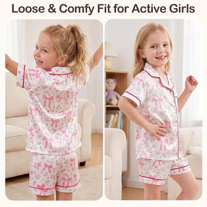 FIOBEE Girls Satin Pajamas Doll Matching Clothes, Stain Button Down Pjs Set Fits 18 Inch Dolls Soft Silky Toddler Kids Sleepwear White Floral