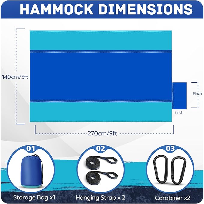 Camping Hammock Lightweight, Portable Hammocks Parachute Hammock with Two Tree Straps, Single or Double Travel Swing Nylon Camp Hammocks, Outdoor Essentials for Beach Backpacking Hiking, Blue