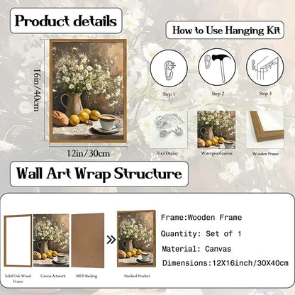 Framed Vintage Kitchen Wall Art, Rustic Floral Lemon Pictures Wall Decor, Cottagecore Coffee Bread Still Life Paintings Canvas Prints Farmhouse Home Decor for Dining Room Living Room 12x16 inch