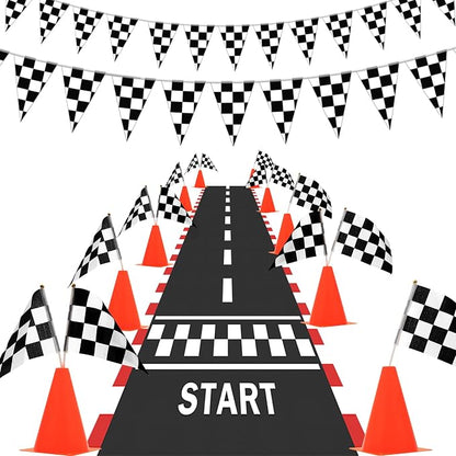 AHIER 38 Pcs Traffic Cones and Racing Flags Set - 12 Plastic Cones With Hole, 24 Checkered Flags With Sticks, 6.5Ft Racetrack Floor Runner and 9.8ft Race Track Banner