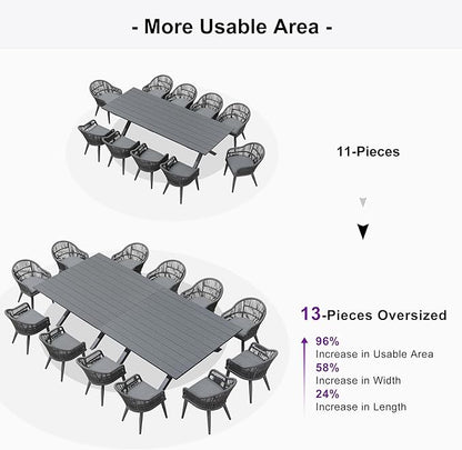PURPLE LEAF 13 Pieces Oversized Patio Dining Set with Outdoor Aluminium Dining Table and Woven Chairs Modern Metal Furniture Cushions Sets for Garden Yard Indoor Decor Kitchen Gray