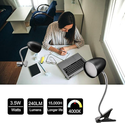 Clip on Light for Bed, Non-Dimmable Clip on Reading Light for Bed, 4000K Cool White, 3.5W 240 LM desk lamp with clamp, Eye Protection, ETL Listed, Black