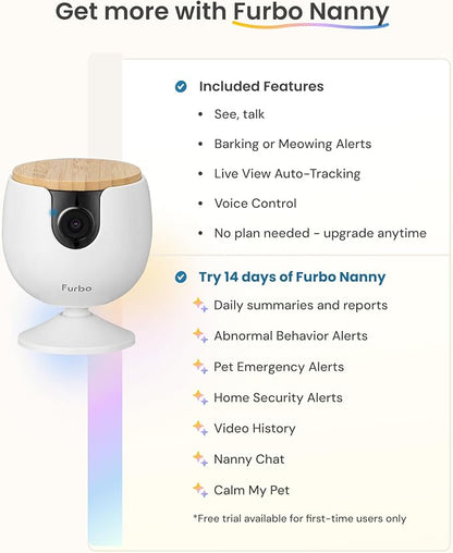 Furbo Mini Pet Camera: Basic See & Talk Features, No AI Alerts, No Subscription Required, Pet Security Cam w/Barking/Meowing Alerts, Rotating View, 2-Way Audio, Smart Home Monitoring