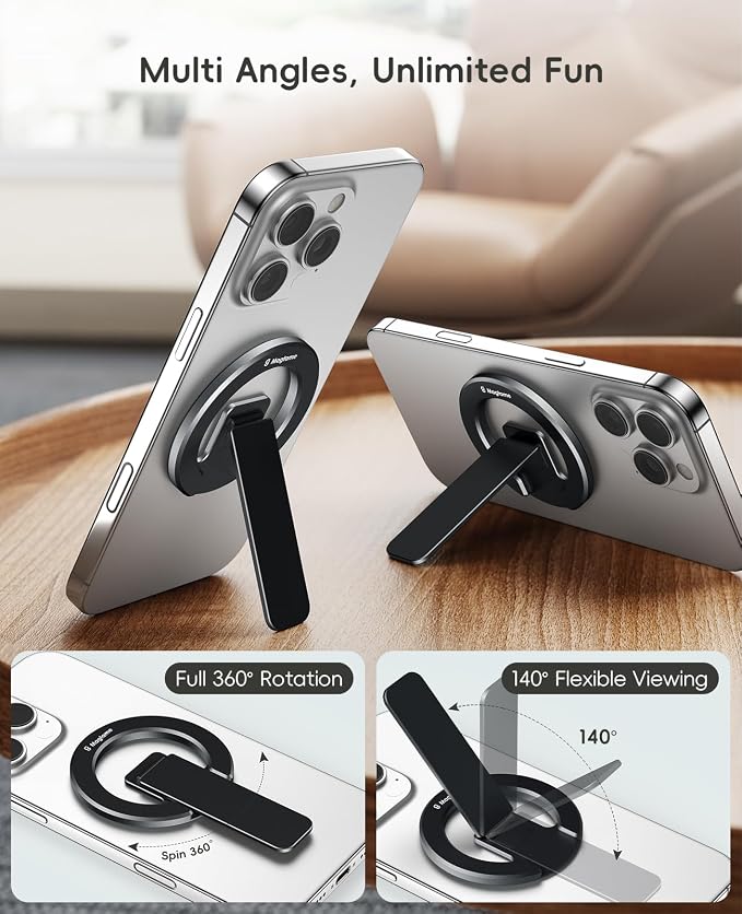 Dual-Sided Magnetic Phone Stand for MagSafe, Adjustable Kickstand Phone Foldable Holder Grip with Strong Magnet Compatible with Car Mounts Gym Equipment for iPhone 17/16/15/14/13 Series, Black