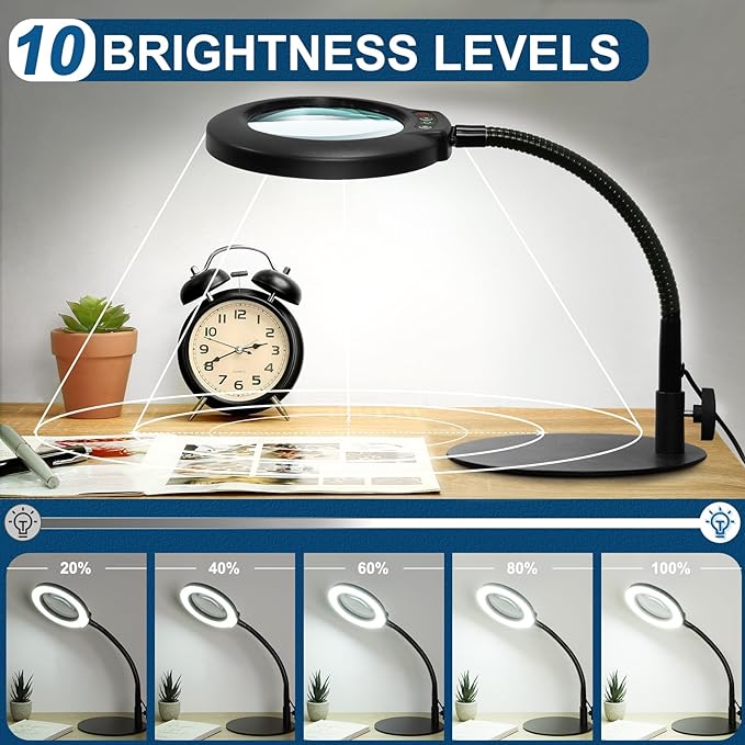 10X Magnifying Glass with Light, Flexible Gooseneck Lighted Magnifier with Stand, 5 Color Modes Stepless Dimmable LED Desk Lamp Hands Free for Crafts Painting Sewing Jewelry Reading Close Work