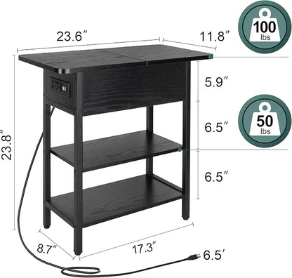 Yoobure End Table with Charging Station, Flip Top Side Table with USB Ports and Outlets, Sofa Couch Table Bedside Table for Living Room Bedroom, Narrow Nightstand with Storage Shelves for Small Space
