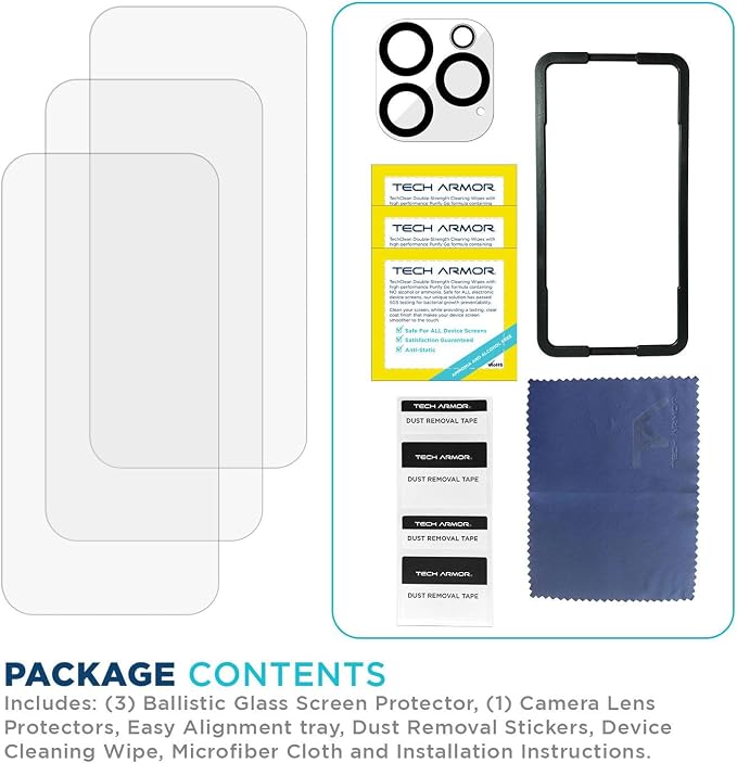 Tech Armor for Apple iPhone 16 Pro Screen Protector Glass 6.3 inch - Ballistic Tempered, Case Friendly, Easy Install, Sensor Protection, HD, 9H Hardness, 3 Pack + Bonus Camera Lens Protector