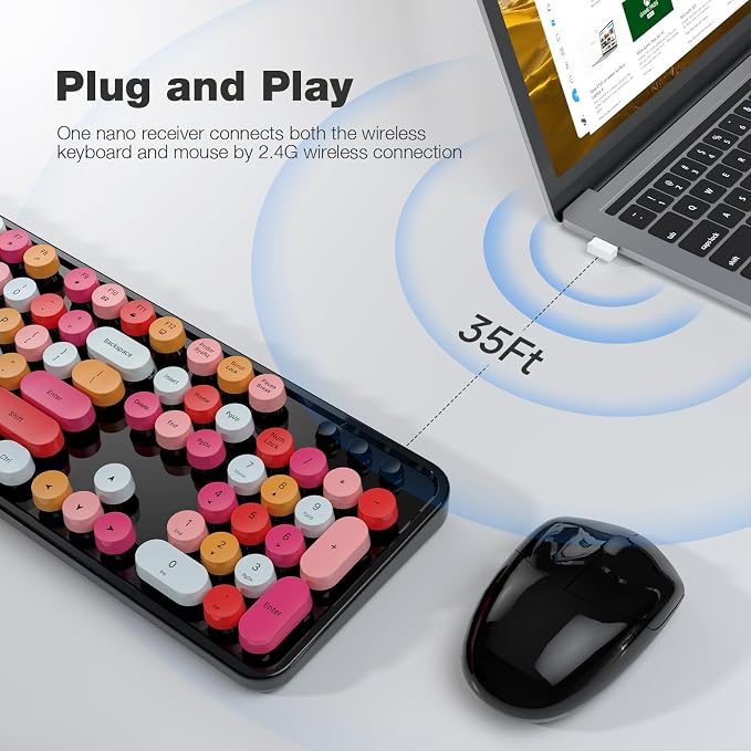 MOFII Wireless Keyboard and Mouse Combo, 2.4GHz Retro Full Size Typewriter Keyboard with Number Pad & Wireless Mouse for Laptop, PC, Desktop, Mac, Windows - Black Colorful