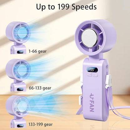 Handheld Fan, Portable Handheld Fan with Ice Function, mini personal fan, Turbo Powerful Rechargeable Fans,1-199 Speed, Foldable, for Women Men Outdoor Indoor travel essentials(Purple)