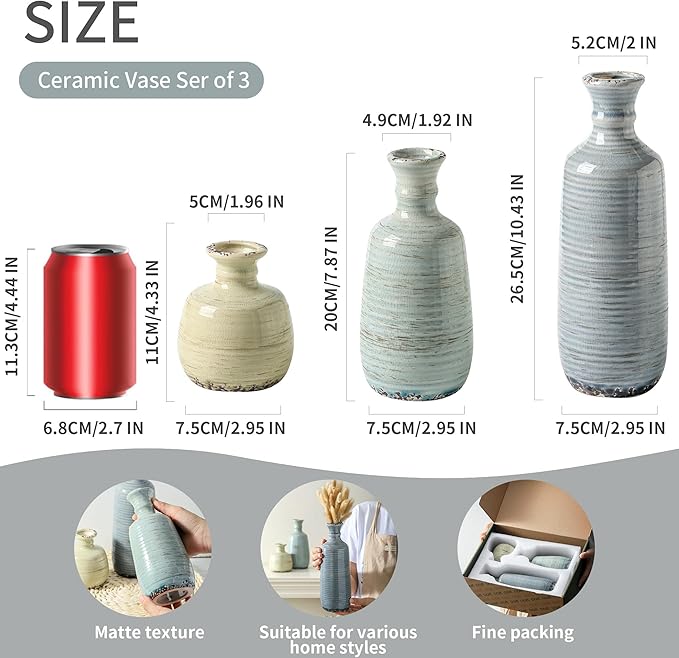 Ceramic Vase Set of 3, Rustic Neutral Vases Home Decor Farmhouse Decorative Flower Vase Modern Boho Pampass Vases for Table Mantel Entryway Shelf Living Room Kitchen Bathroom - Multicolor