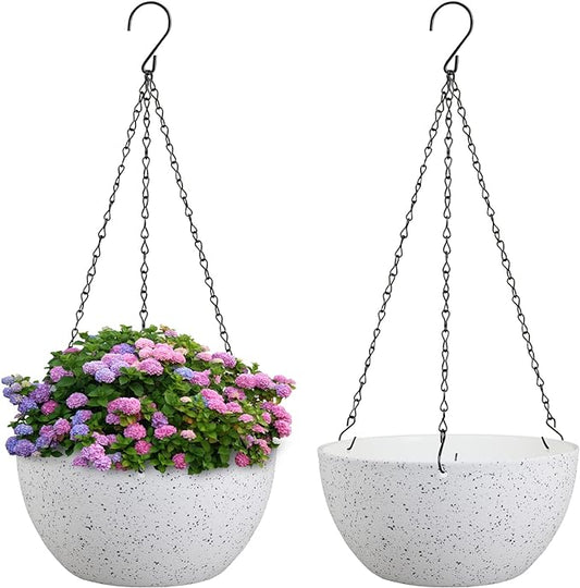 10 inch Hanging Planters for Indoor Outdoor Plants, 2 Pack Hanging Flower Pots with Drainage Holes and Chain for Garden Porch, Plastic Hanging Baskets for House Plants, Speckled White