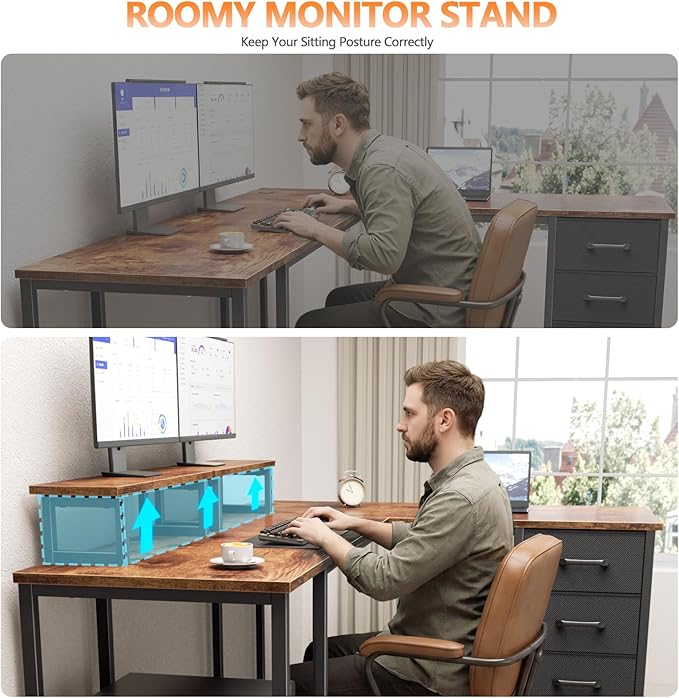 Korfile 59 inch L Shaped Computer Desk with Power Outlets, Rustic Brown | Ideal for Home Office, Bedroom, Corner, 4 Adjustable Storage Drawers, 2 Monitor Stands, Reversible, Two Person Gaming Table