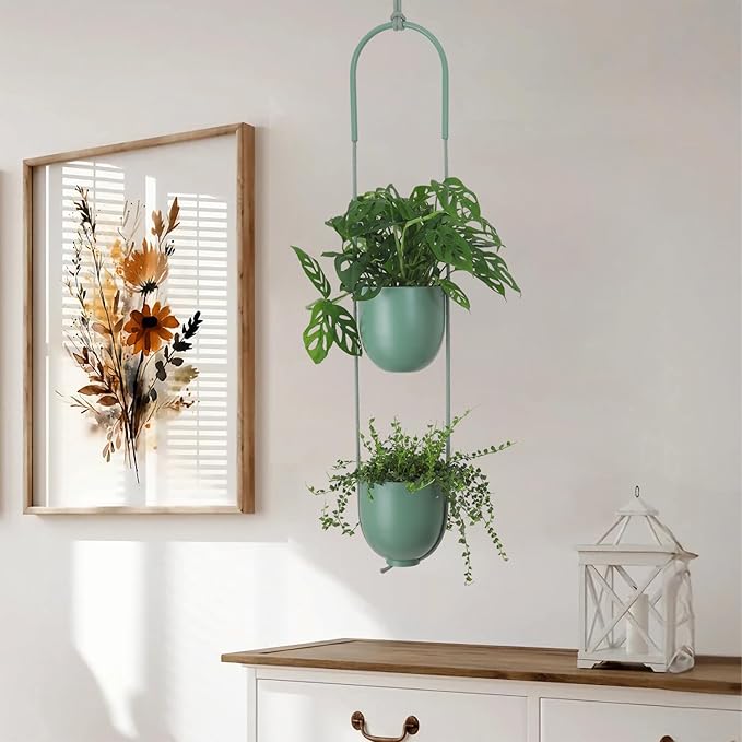 Metal Hanging Planters 2 Tiers Indoor Outdoor Modern Plant Hangers Wall Ceiling Hanging Flower Pots Baskets Kitchen Room Decor(Green)
