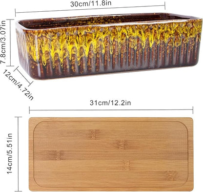 Succulent Pots - 12 Inch Large Succulent Planters with Drainage Tray, Window Sill Planter, Long Rectangle Ceramic Pots for Indoor Cactus Plants Shallow Bonsai Window Box for Home Garden Decor
