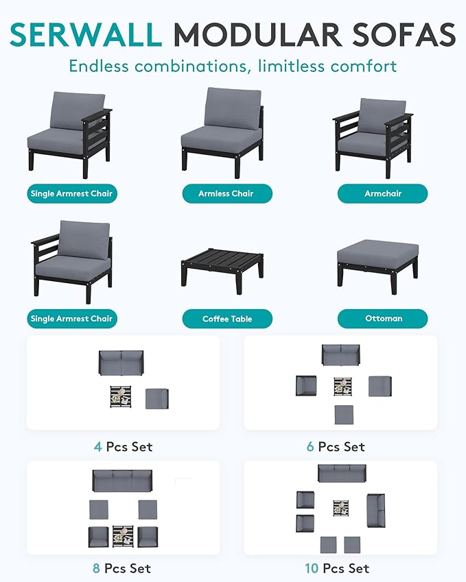 SERWALL HDPE Patio Furniture Set, 10 Pieces Outdoor Sectional Sofa Set, All-Weather Wood-Like Outdoor Sofa Couch with Coffee Table for Deck, Lawn, Black Frame with Grey Cushion