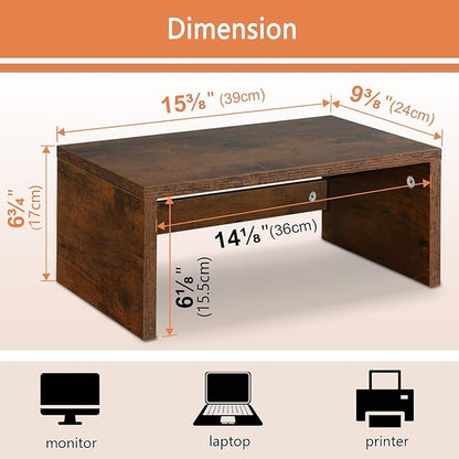 TEAMIX 6.7 inch Tall Monitor Stand Riser, Wood Shelf Riser, Desk Organizer | Laptop/Printer/Computer Stand, Extra Storage Underneath,Hold 80 Lbs, Rustic Design, Smooth Espresso Finish, for Home Office
