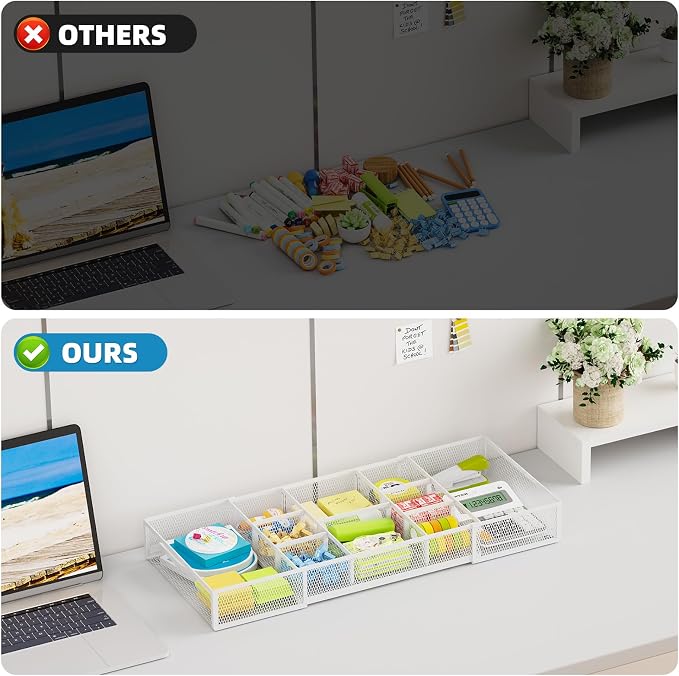 Marbrasse Expandable Desk Drawer Organizer, Mesh Drawer Organizer Tray with 10 Adjustable Compartments, Desk Organizers and Accessories for Office Supplies (Longer Expandable Drawer Organizer-W)
