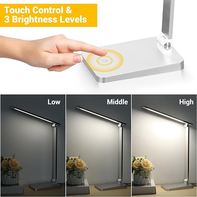 LED Desk Lamp for Home Office, 3 Levels Dimmable Desk Light with USB Charging Port, Small Study Lamp, Reading Light for Table, Sliver, 5000K