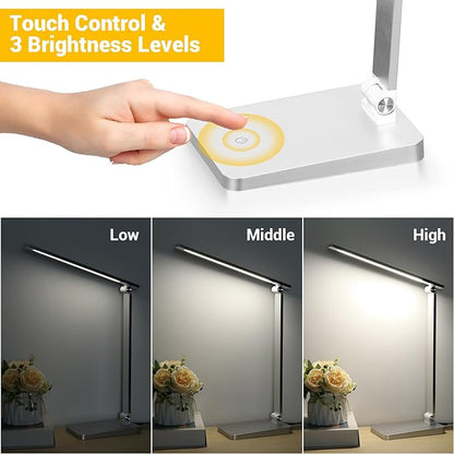 LED Desk Lamp for Home Office, 3 Levels Dimmable Desk Light with USB Charging Port, Small Study Lamp, Reading Light for Table, Sliver, 5000K
