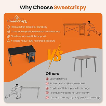 Sweetcrispy 40-Inch Computer Desk with Drawers, Office Desk, Black | Small Desk for Bedroom Home Office with Side Hook, Modern Simple desk with storage for Writing