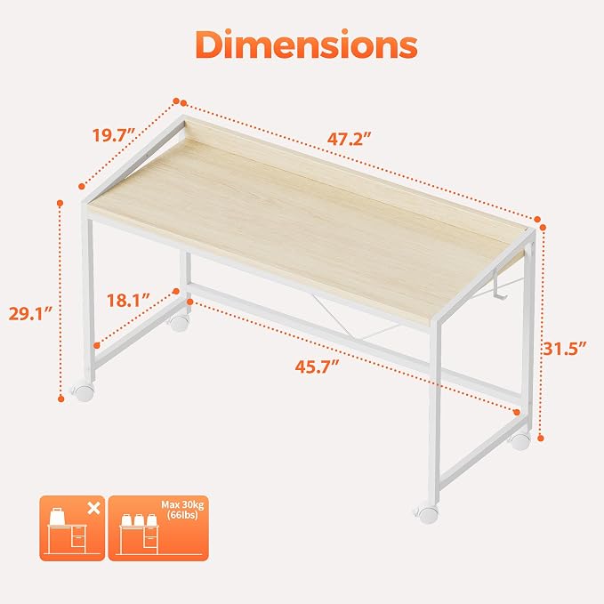 Mericonia 47x20 Inch Small Computer Desk with Wheels & Rear Lip | Simple Rolling Desk, Writing Table for Home Office Bedroom Work Study, Oak