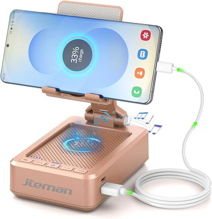 JTEMAN Cell Phone Stand with Bluetooth Speaker and Charging Function, HD Sound Adjustable Phone Holder, Birthday Gifts for Men Women, Cool Tech Kitchen Gadgets for All Phones,Tablet (Rose Gold)