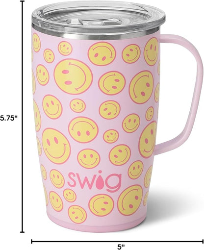 Swig Life 18oz Insulated Travel Mug with Handle & Lid, Oh Happy Day | Triple Insulated Stainless Steel - Handle & Lid Included - Keeps Coffee Hot or Cold - Cup Holder Friendly